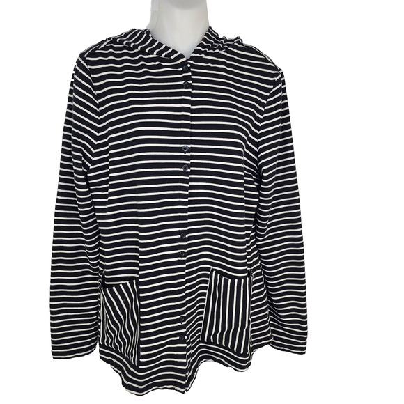 Isaac Mizrahi Live Hoodie Medium French Terry Striped Button Front Black Ivory - Picture 1 of 9